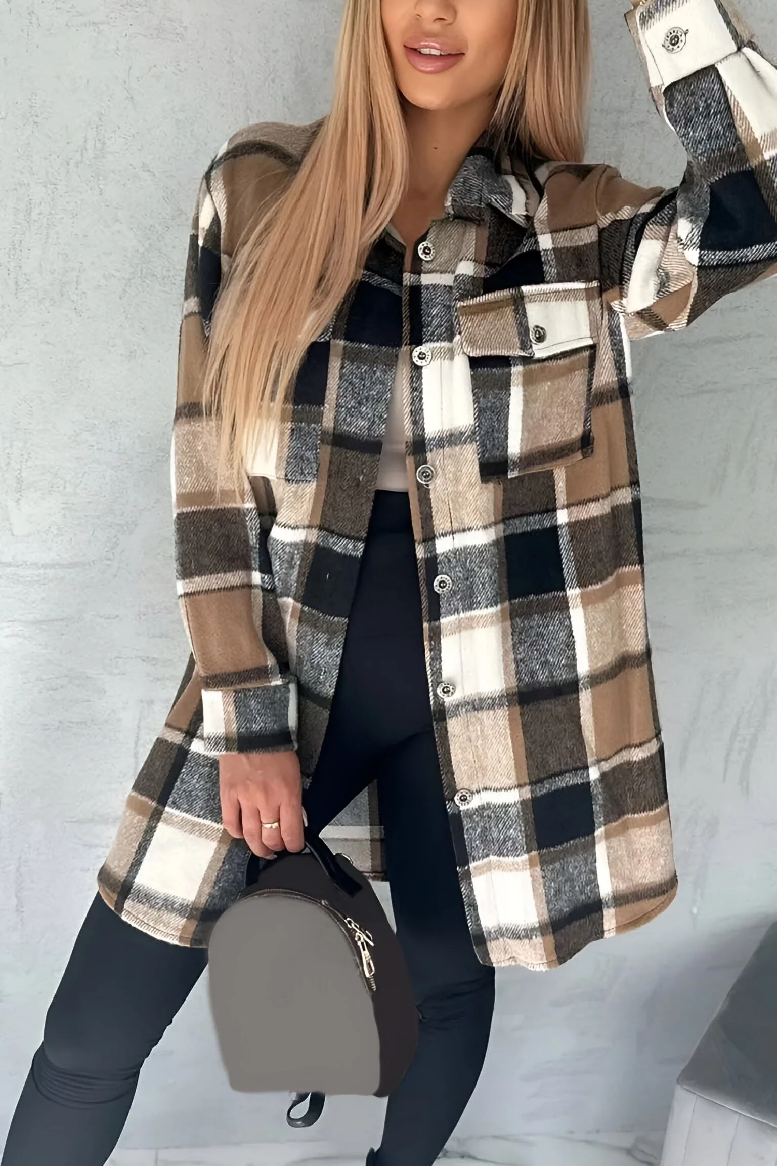 Women's casual loose plaid mid-length coat