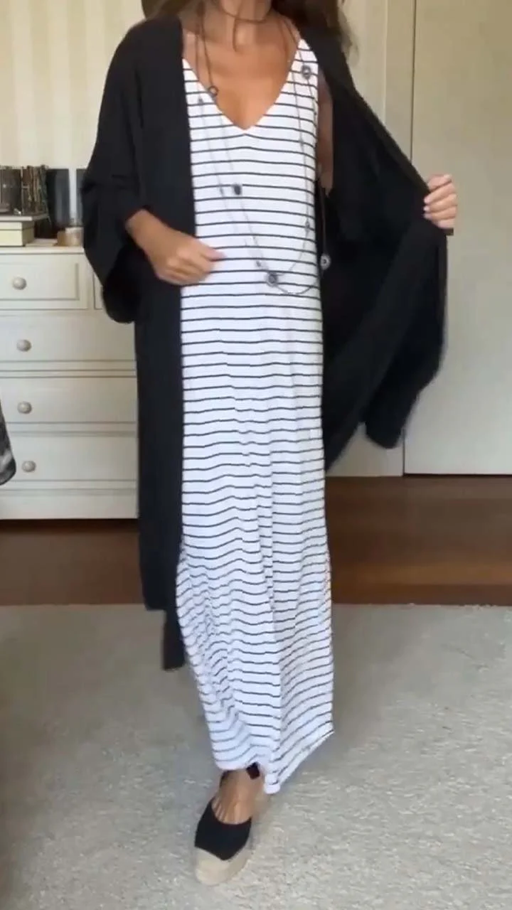 Women's Casual Striped Print Dress and Solid Black Cardigan