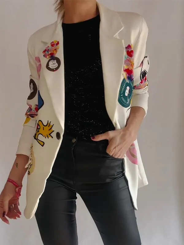 Women's Casual Lapel Cartoon Printed Suit Jacket