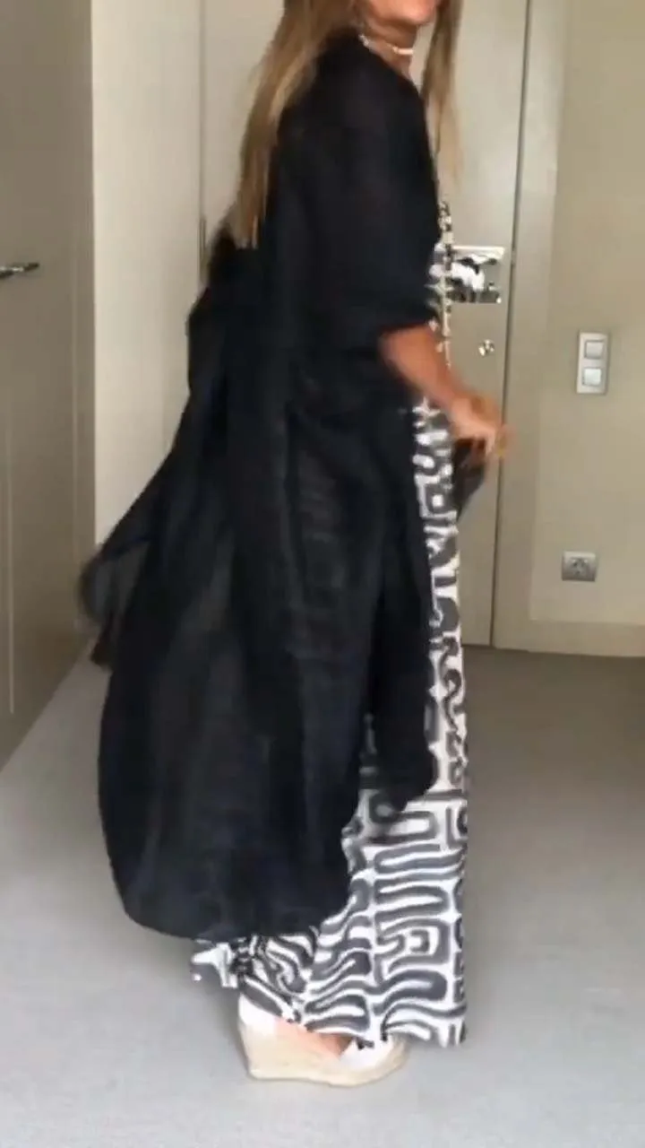 Women's Casual Sling Printed Sleeveless Dress and Solid Cardigan